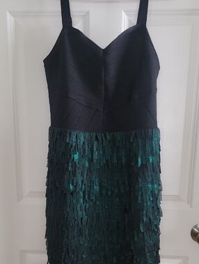 Bebe Black & Teal Fringe Evening Dress - Sleeveless V-Neck